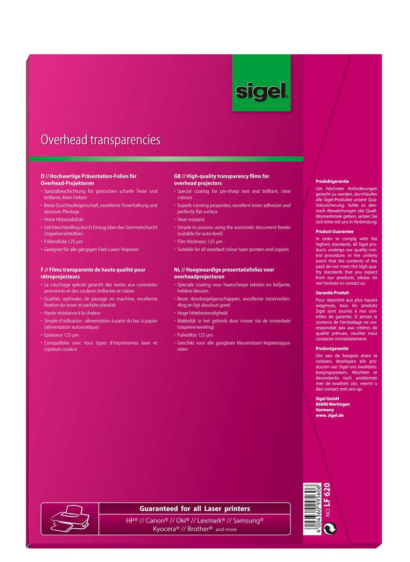 Sigel LF620 printfilm Laser A4 (210×297 mm) Transparent 50 ark