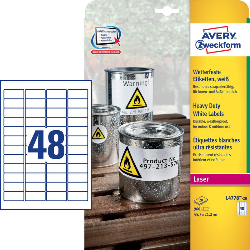 Avery L4778-20 print etiket Hvid Selvklæbende printeretiket