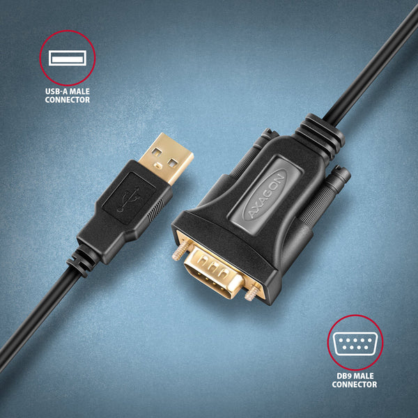 Axagon ADS-1PQN USB-A 2.0 - serial RS-232 DB9-M FTDI adapter cable 1.5m - Adapter - Digital/Daten serielkabel Sort 1,5 m USB Type-A