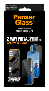 PanzerGlass ® 2-Way Privacy Skærmbeskyttelse iPhone 17 Pro | Ultra-Wide Fit m. Fastfit in-a-box