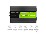 Green Cell Przetwornica napicia PowerInverter LCD 12 V 2000W/40000W Przetwornica samochodowa z wywietlaczem - czysty sinus strømadapter og vekselret Automatisk Sort