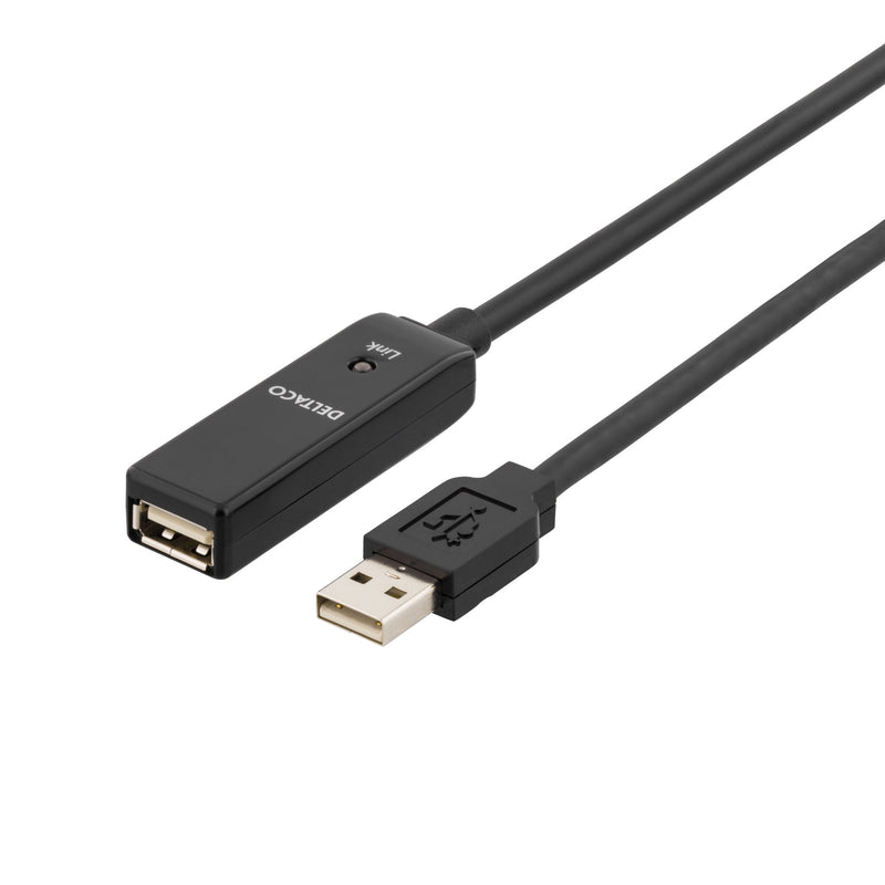 Deltaco PRIME USB 2.0 forlængerkabel, aktiv, Typ A han - Typ A hun, 10m, sort.