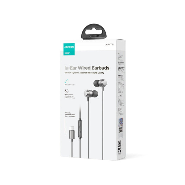 JOYROOM JR-EC06 USB Type C Grey - Wired Headphones Hovedtelefoner Ledningsført I ørerne Opkald/musik USB Type-C Grå