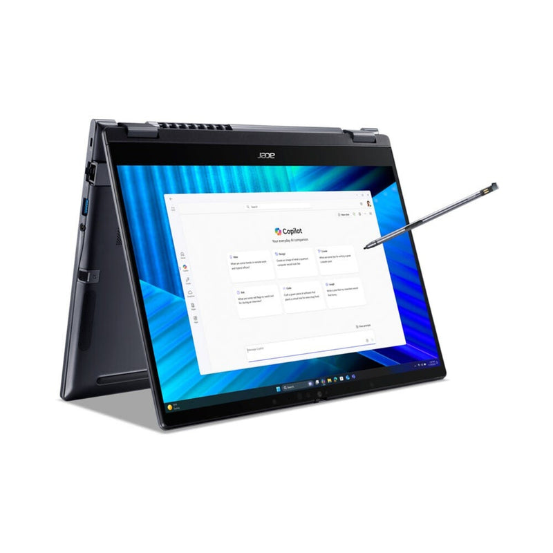 Acer TravelMate TMP414RN-55-TCO-58UA Intel Core Ultra 5 225U Hybrid (2-i-1) 35,6 cm (14") Berøringsskærm WUXGA 16 GB DDR5-SDRAM 512 GB SSD Wi-Fi 7 (802.11be) Windows 11 Pro Tysk Blå