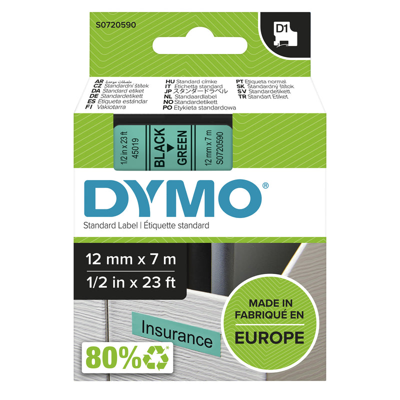 DYMO Ægte D1-etiketter | Sort skrift på grøn tape | 12 mm x 7 m | Selvklæbende etiketter til LabelManager-mærkningsmaskiner | Fremstillet i Europa