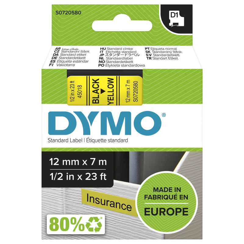 DYMO Ægte D1-etiketter | Sort tekst på gul tape | 12 mm x 7 m | Selvklæbende etiketter til LabelManager-mærkningsmaskiner | Fremstillet i Europa