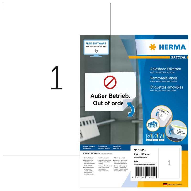 HERMA 10315 selvklæbende etiket Afrundet rektangel Aftagelig Hvid 100 stk