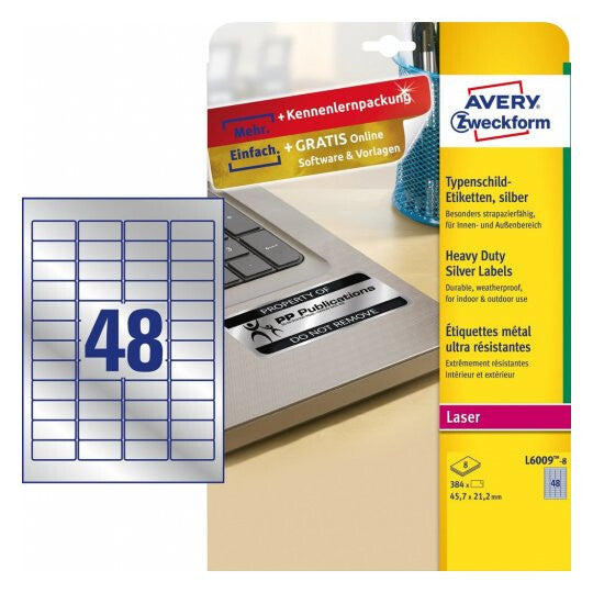 Avery L6009-8 print etiket Sølv Selvklæbende printeretiket