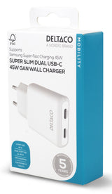 Deltaco USB-C wall charger 45 W, 2x USB-C PD, slim, tot 45 W, white