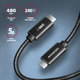 Axagon BUCM2-CM15AB Ladekabel USB-C zu USB-C 2.0, 1,5 m, PD 240 W 5 A, ALU - Schwarz - 1,5 Meter langes USB-C zu USB-C Kabel USB-kabel USB 2.0 USB C 0,48 Gbit/sek. Sort