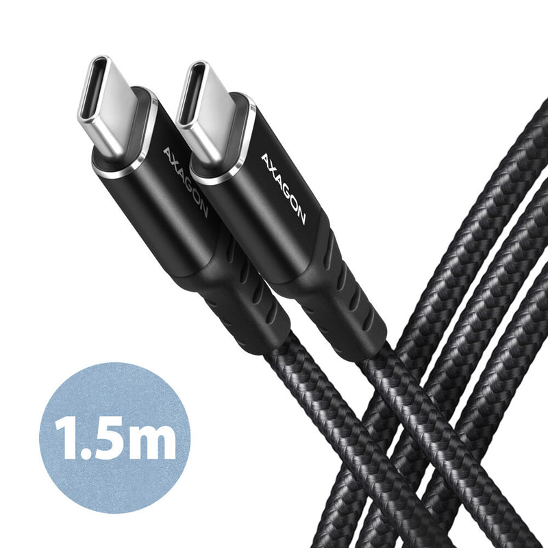 Axagon Data and charging USB 2.0 cable 1.5 m long. PD 60W, 3A. Black braided. USB-kabel 1,5 m USB C 0,48 Gbit/sek. Sort