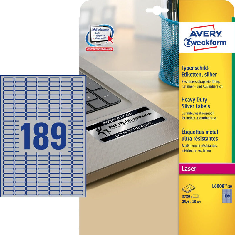 Avery L6008-20 print etiket Sølv Selvklæbende printeretiket