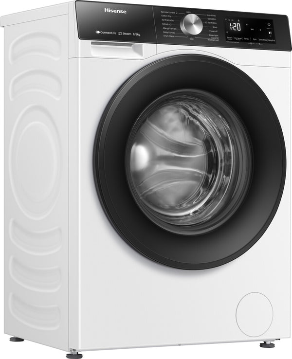 Hisense Vaske tørremaskine (8/5 kg) med Wash&Dry 60’, Auto Wash tilpasning og dampprogrammer til hygiejnisk tøjpleje. Wi Fi styring og invertermotor giver fleksibilitet, pålidelig drift og en pladsbesparende løsning til hverdagen.
