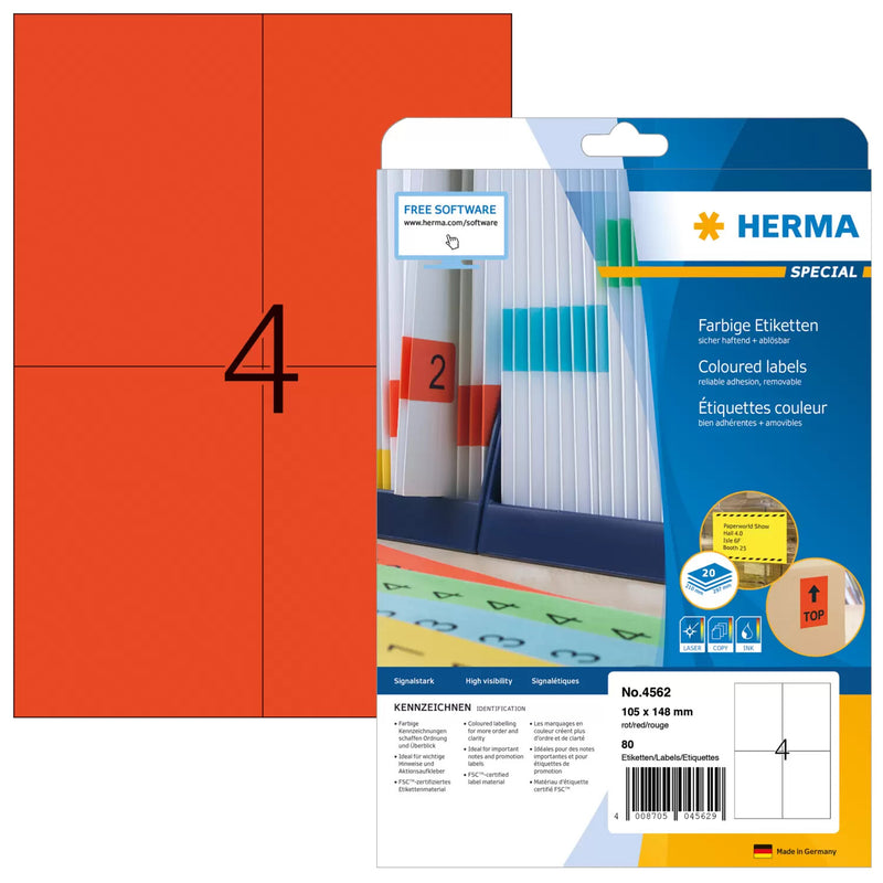 HERMA 4562 selvklæbende etiket Rektandel Rød 80 stk