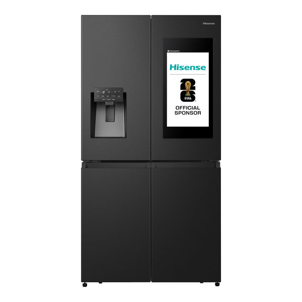 Hisense Dette køleskab fra i elegant sort og med fire døre er uundværligt i det moderne hjem. Det har tre kølezoner, vand /isdispenser og en stor berøringsskærm i farver til håndtering af indkøbslister, køleskabsinventar, fotoalbum og meget mere.