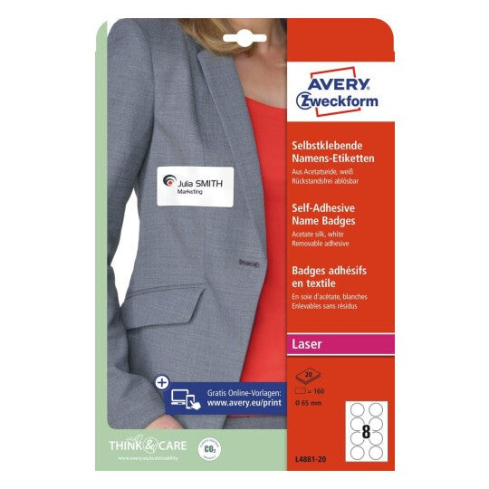 Avery L4881-20 selvklæbende etiket Rund Aftagelig Hvid 160 stk