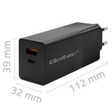 Qoltec 52382 oplader til mobil enhed Laptop, Bærbar spillekonsol, Strømbank, Smartphone, SmartWatch, Tablet Sort Vekselstrøm Hurtig opladning Indendørs