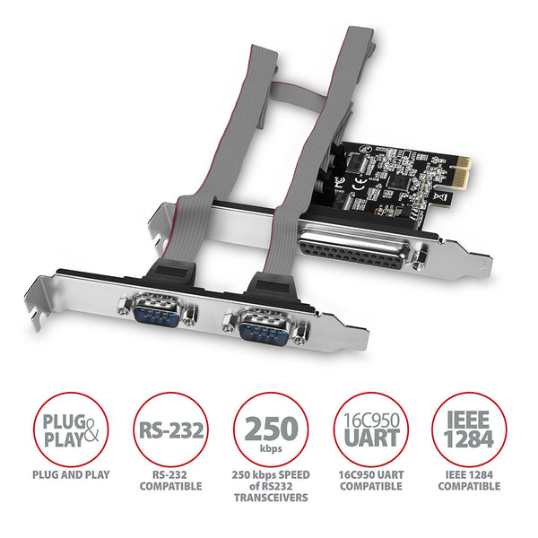 Axagon PCEA-PSN PCIe-Adapter mit 1x Parallel-+ 2x Seriell-Ports - ASIX AX99100 interface-kort/adapter Intern Parallel, RS-232