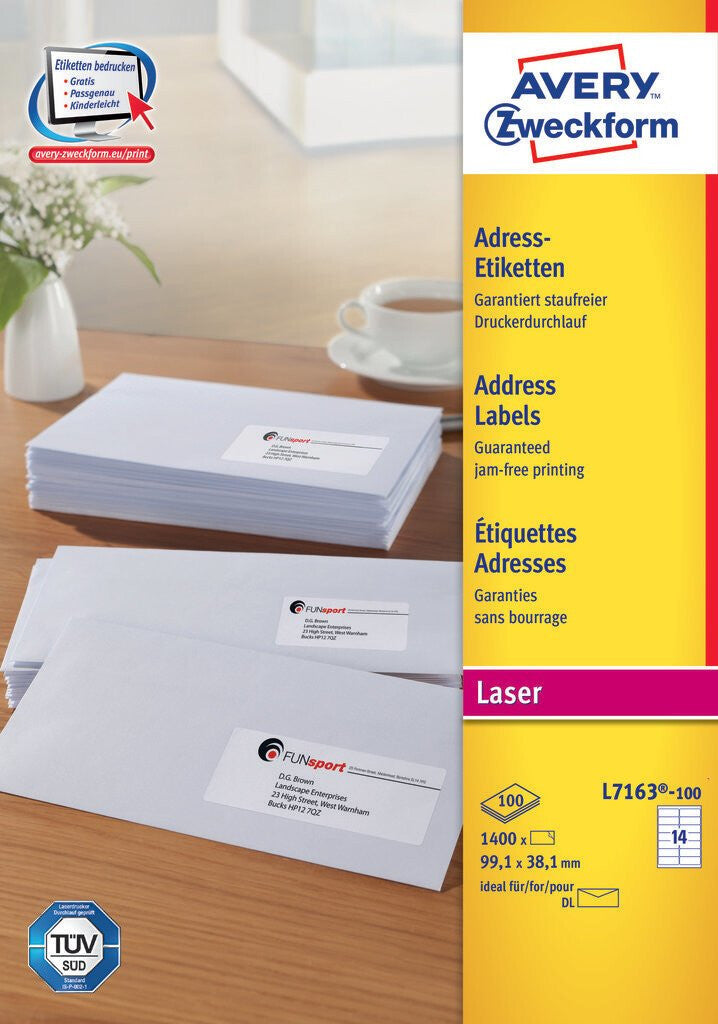 Avery L7163-100 selvklæbende etiket Afrundet rektangel Permanent Hvid 1400 stk