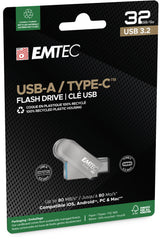 Emtec D280 Dual USB-nøgle 32 GB USB Type-A / USB Type-C 3.2 Gen 1 (3.1 Gen 1) Sølv