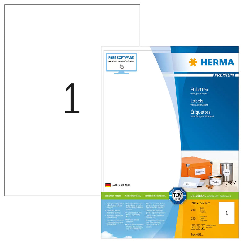 HERMA 4631 selvklæbende etiket Rektandel Permanent Hvid 200 stk