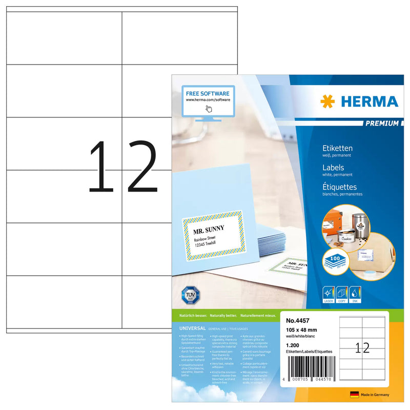 HERMA 4457 selvklæbende etiket Rektandel Permanent Hvid 1200 stk