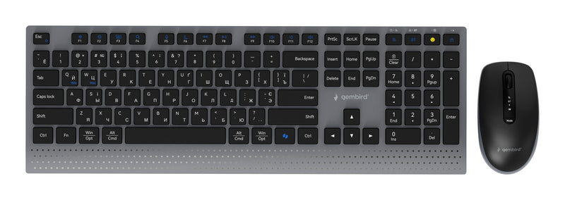 Gembird KBS-WPS-02 tastatur Mus inkluderet Hjemme/kontor RF trådløs + Bluetooth QWERTY US International, Ukrainsk, Russisk Sort