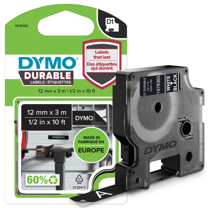 DYMO Ægte D1 Holdbare Etiketter | Hvid tekst på sort tape | 12 mm x 3 m | Etikettape til LabelManager-mærkningsmaskiner