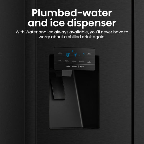 Hisense Dette køleskab fra i elegant sort og med fire døre er uundværligt i det moderne hjem. Det har tre kølezoner, vand /isdispenser og en stor berøringsskærm i farver til håndtering af indkøbslister, køleskabsinventar, fotoalbum og meget mere.