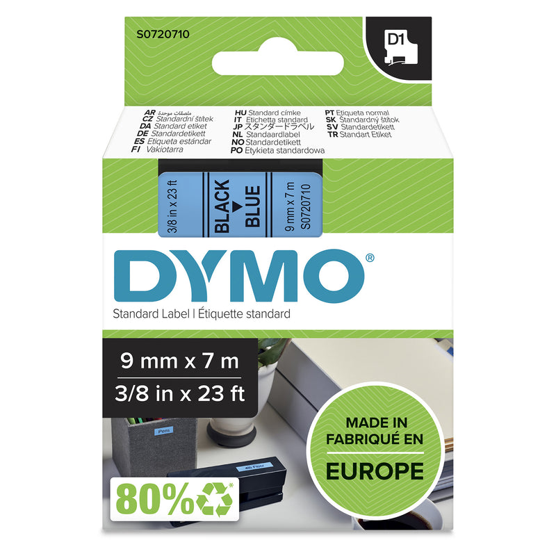 DYMO Ægte D1-etiketter | Sort skrift på blå tape | 9 mm x 7 m | Selvklæbende etiketter til LabelManager-mærkningsmaskiner | Fremstillet i Europa