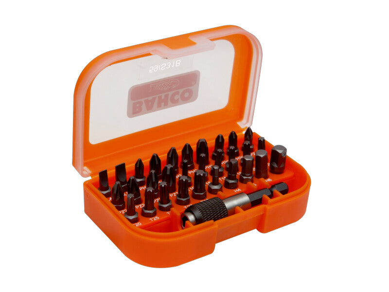 Bahco Bitssæt med 31 dele, for ligekærv-, Phillips-, Pozidriv-, Torx® og Unbrako®-skruer. Inkl. 1/4" bitsholder og 1/4" topadaptor