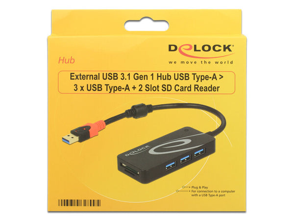 DeLOCK HUB USB 3.0 3 Port extern + 2 x SD Slo USB 3.2 Gen 1 (3.1 Gen 1) Type-A Sort