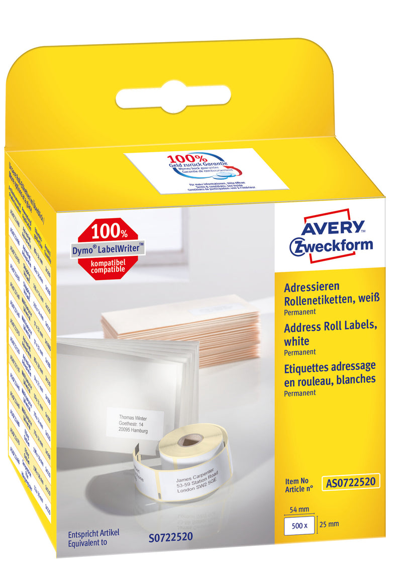 Avery AS0722520 selvklæbende etiket Rektandel Permanent Hvid 500 stk