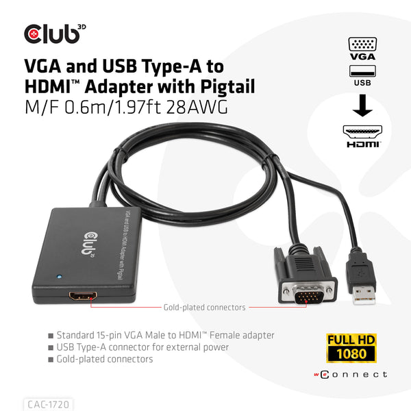 CLUB3D CAC-1720 videokabel adapter 0,6 m HDMI Type A (Standard) VGA (D-Sub) + USB Sort