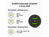 Green Cell GC CADM-GC-36AA - USB-Ladegeraet 36 W 2x USB-A schwarz Lommelygte, GPS, Hovedtelefoner, Mobiltelefon, Navigator, Andet, Bærbar højttaler, Strømbank, Smartphone, SmartWatch, Tablet, Telefon, Universel Sort Cigartænder Hurtig opladning Automatisk