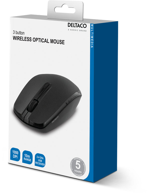 Deltaco Trådløs optisk mus, 2 knapper og scrol, 1000 DPI, USB nano-modtager, 10m, sort