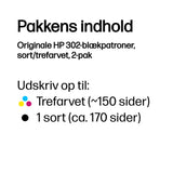 HP Originale 302-blækpatroner, sort/trefarvet, 2-pak