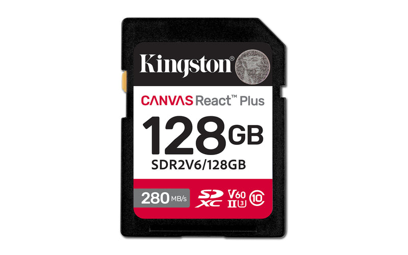 Kingston Technology 128 GB Canvas React Plus SDXC UHS-II 280R/100W U3 V60 til fuld HD/4K