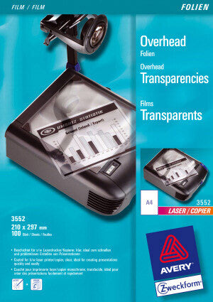 Avery 3552 printfilm Laser A4 (210×297 mm) Polyester Transparent 100 ark