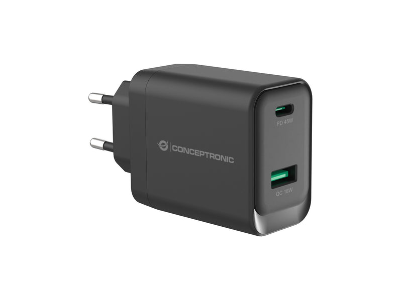Conceptronic ALTHEA20B45 oplader til mobil enhed Universel Sort Vekselstrøm Hurtig opladning Indendørs
