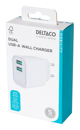Deltaco USB-vægoplader, 2x USB-A, 12 W per port, maks. samlet output 12 W, hvid