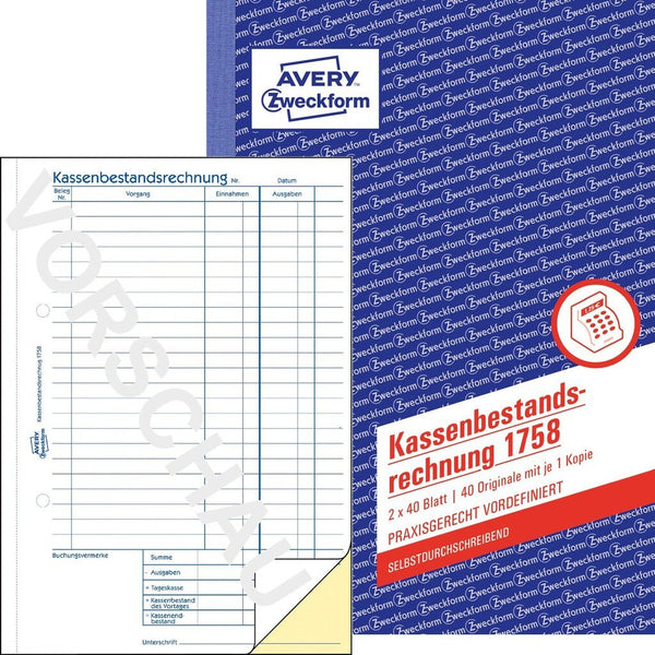 Avery 1758 regnskabsblanket og -bog A5 40 Sider