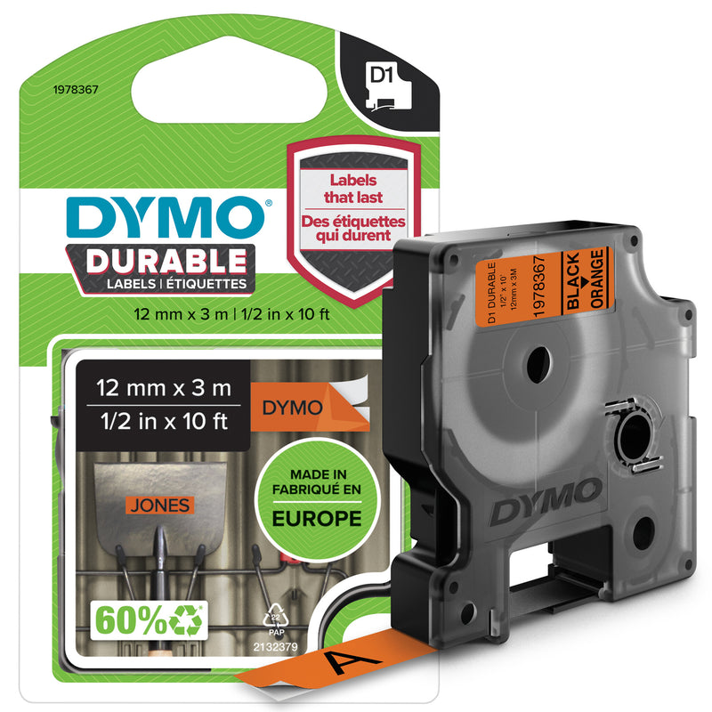 DYMO Ægte D1 Holdbare Etiketter | Sort tekst på orange tape | 12 mm x 3 m | Højtydende etikettape til LabelManager etiketmaskiner