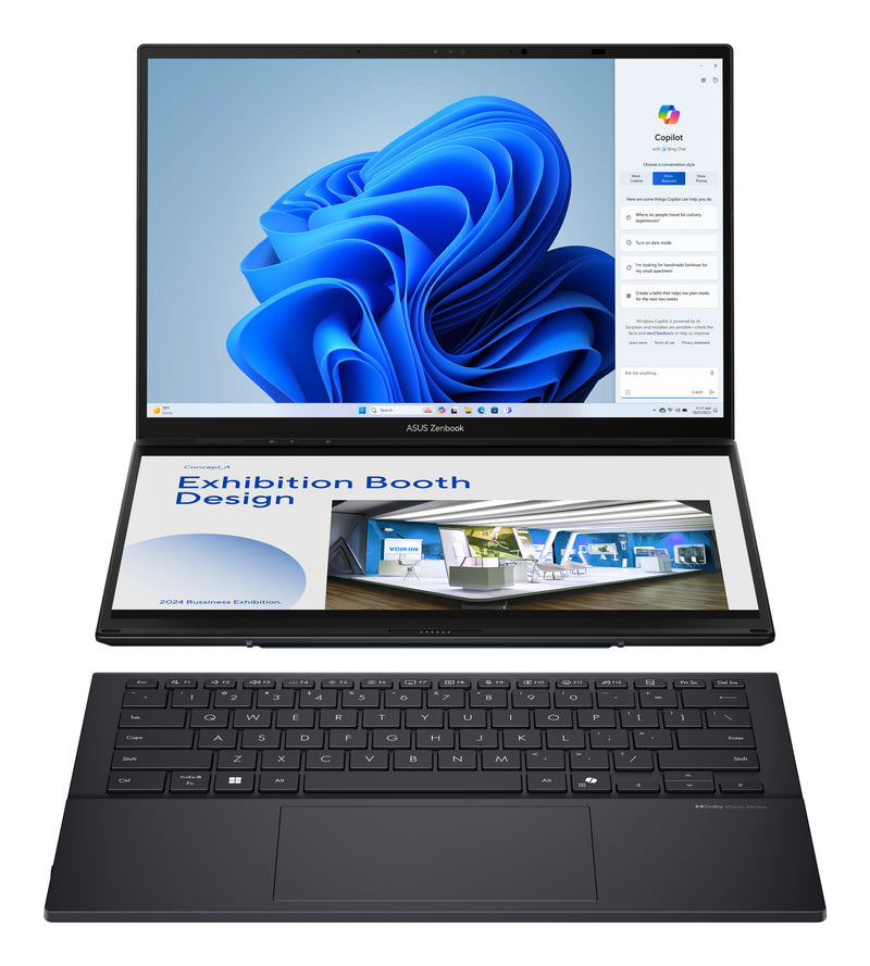 ASUS Zenbook Duo UX8406CA-PZ068X Intel Core Ultra 9 285H Hybrid (2-i-1) 35,6 cm (14") Berøringsskærm 3K 32 GB LPDDR5x-SDRAM 2 TB SSD Wi-Fi 7 (802.11be) Windows 11 Pro Tysk Grå