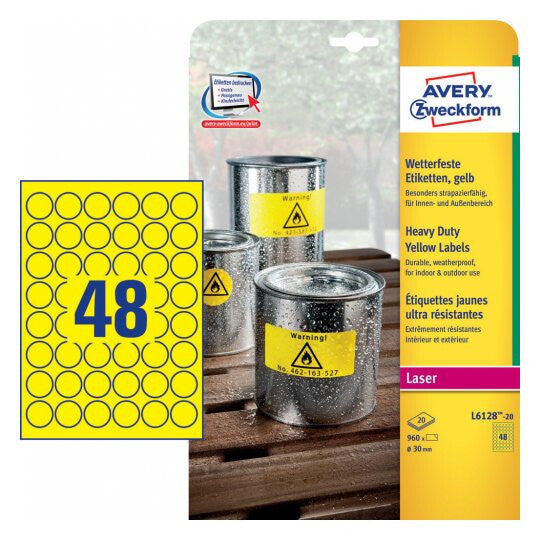 Avery L6128-20 selvklæbende etiket Cirkel Permanent Gul 20 stk