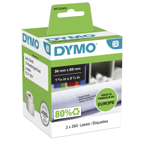 DYMO Originale LabelWriter Store Adresseetiketter | 36 mm x 89 mm | Selvklæbende | 2 ruller med 260 (520 let aftagelige etiketter) | til LabelWriter etiketmaskiner | Fremstillet i Europa