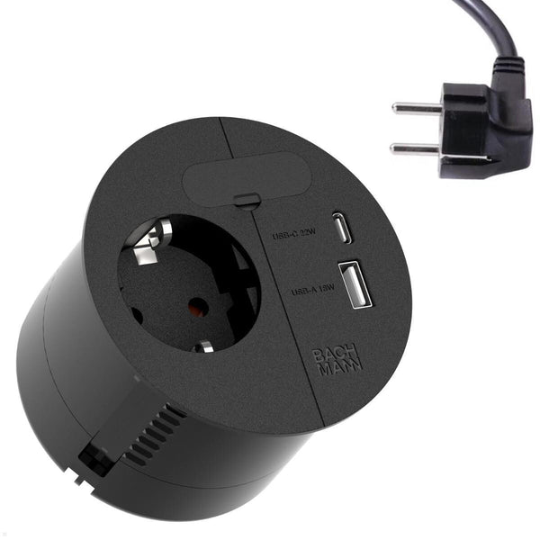 Bachmann Loop in Charge stikkontakt Type E + USB A + USB C Sort