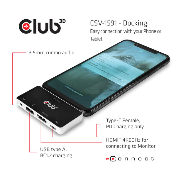 CLUB3D CSV-1591 dockingstation Docking USB 3.2 Gen 1 (3.1 Gen 1) Type-C Sort, Krom